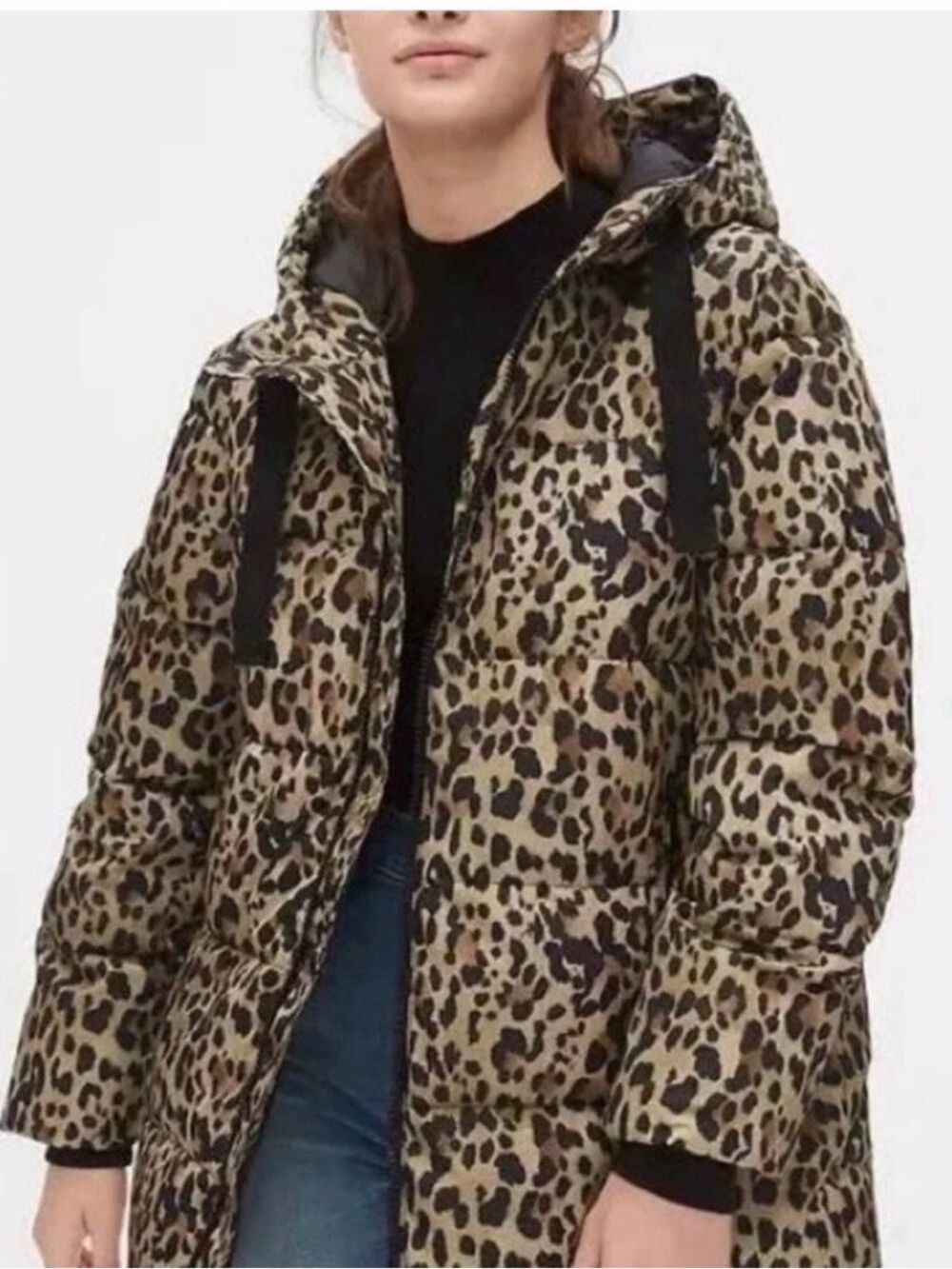 Gap leopard print hooded puffer jacket Womens Small Oversize Water Resistant